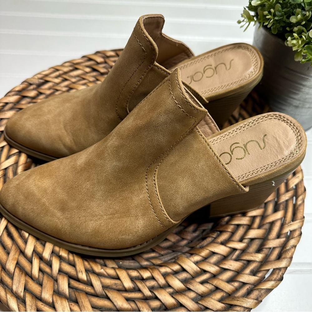 Sugar Tan Suede slide Heels Booties - Picture 2 of 7